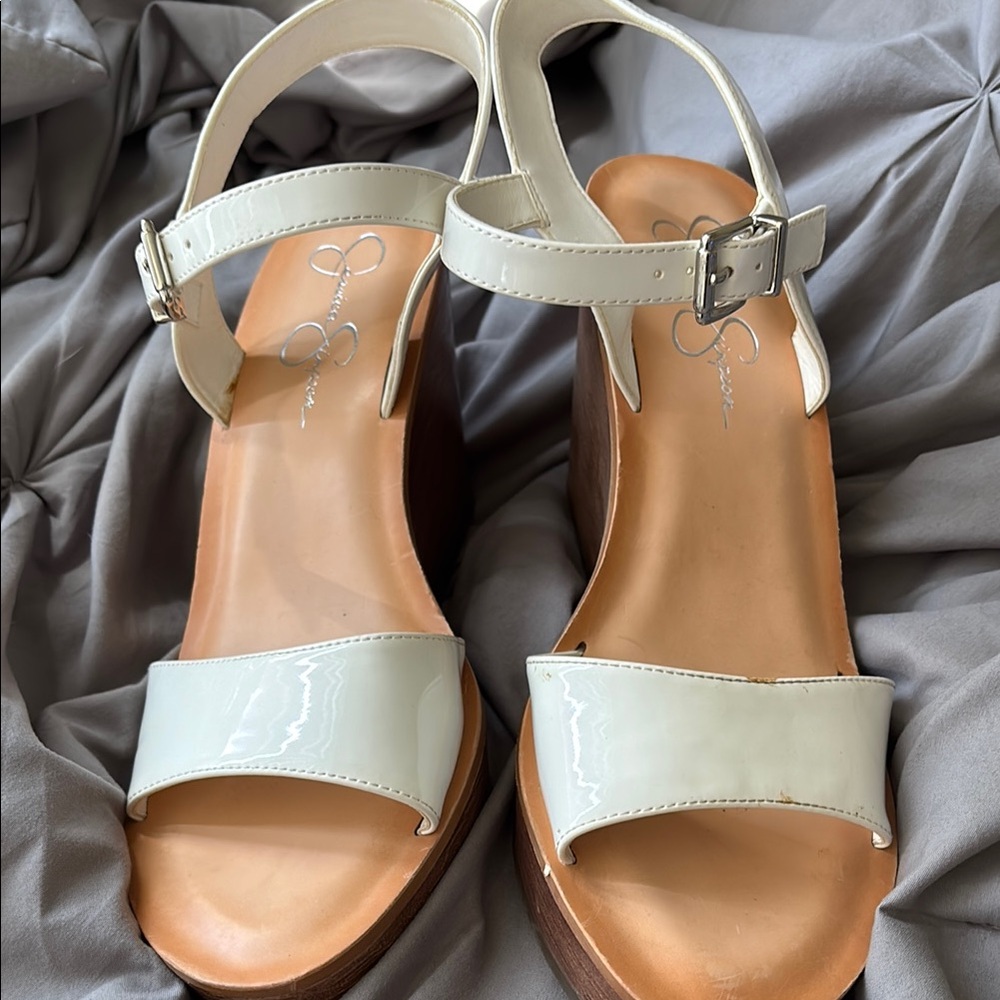 Jessica Simpson Cream and Brown Wedge Sandals